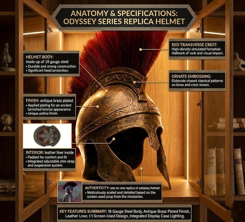 May include: An Odyssey Series replica helmet featuring an 18-gauge steel body with an antique brass plated finish, a red transverse crest made of high-density simulated horsehair, ornate embossed patterns, and an interior leather liner with a chin strap.