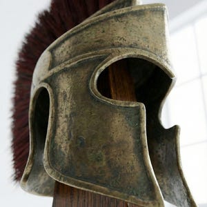Handcrafted Spartan Helmet with Silk Nylon Plume & Wooden Stand | 18 Gauge Steel | Premium Patina Finish Ancient Greek Warrior Armor