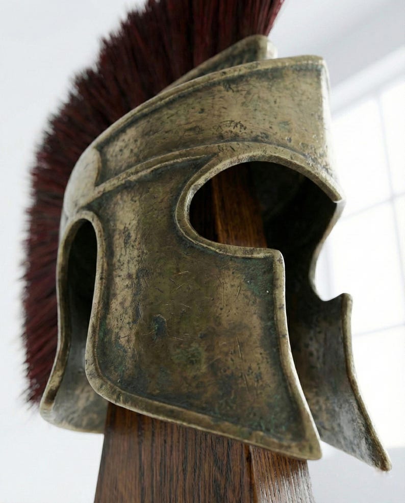 Handcrafted Spartan Helmet with Silk Nylon Plume & Wooden Stand | 18 Gauge Steel | Premium Patina Finish Ancient Greek Warrior Armor