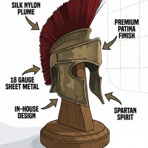 Handcrafted Spartan Helmet with Silk Nylon Plume & Wooden Stand | 18 Gauge Steel | Premium Patina Finish Ancient Greek Warrior Armor