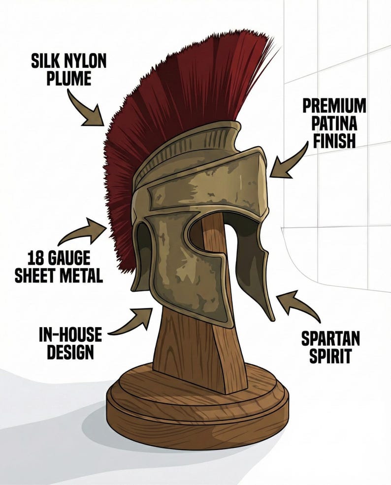 Handcrafted Spartan Helmet with Silk Nylon Plume & Wooden Stand | 18 Gauge Steel | Premium Patina Finish Ancient Greek Warrior Armor