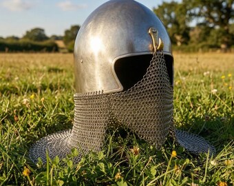 Medieval Bascinet Helmet with Chainmail Aventail – 18 Gauge Steel Knight Armor
