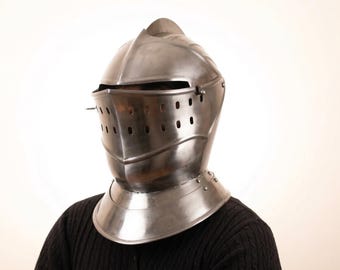 Handcrafted 15th Century Medieval Sallet Helmet with Articulated Visor – Polished 18-Gauge Steel