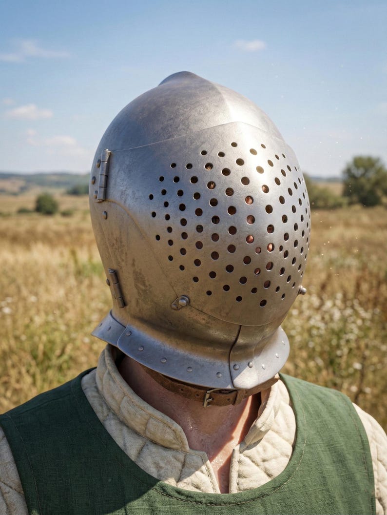 May include: A silver-colored medieval helmet with numerous small ventilation holes covering the face area. The helmet has a rounded top and a protective neck guard. The person is wearing a green vest over a quilted undergarment, suggesting historical reenactment or costume.
