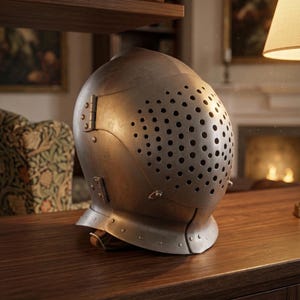 May include: A metallic silver medieval helmet with numerous small ventilation holes. The helmet is positioned on a dark wooden surface, showcasing its historical design and craftsmanship. The helmet's surface reflects the ambient light, highlighting its aged appearance.