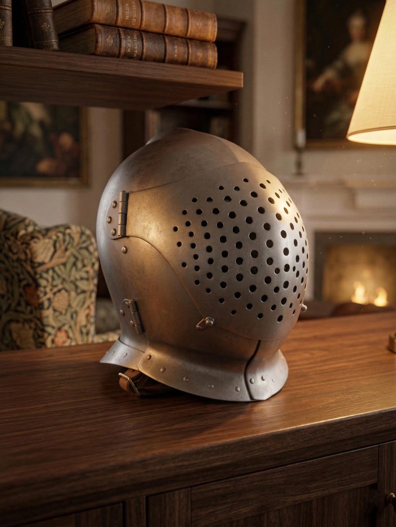 May include: A metallic silver medieval helmet with numerous small ventilation holes. The helmet is positioned on a dark wooden surface, showcasing its historical design and craftsmanship. The helmet's surface reflects the ambient light, highlighting its aged appearance.