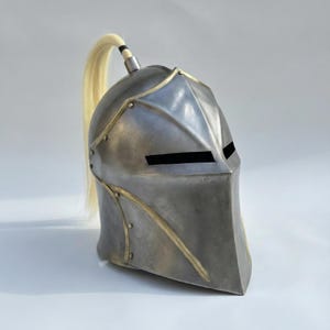 European Battle Helm 18 Gauge Steel with White Plume and Leather Chin Strap
