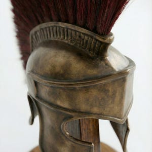 Handcrafted Spartan Helmet with Silk Nylon Plume & Wooden Stand | 18 Gauge Steel | Premium Patina Finish Ancient Greek Warrior Armor