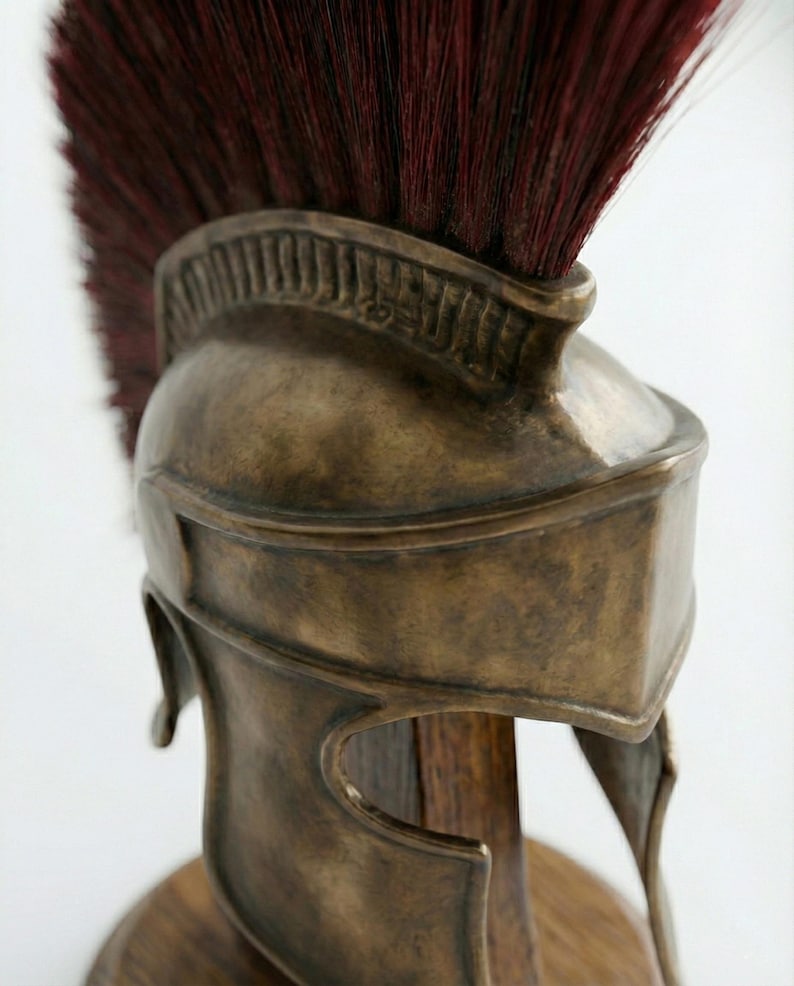 Handcrafted Spartan Helmet with Silk Nylon Plume & Wooden Stand | 18 Gauge Steel | Premium Patina Finish Ancient Greek Warrior Armor