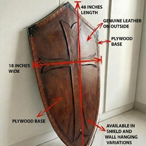 Leather-covered plywood templar shield with cross motif; crusader shield style, riveted edge for wall decor and medieval cosplay.