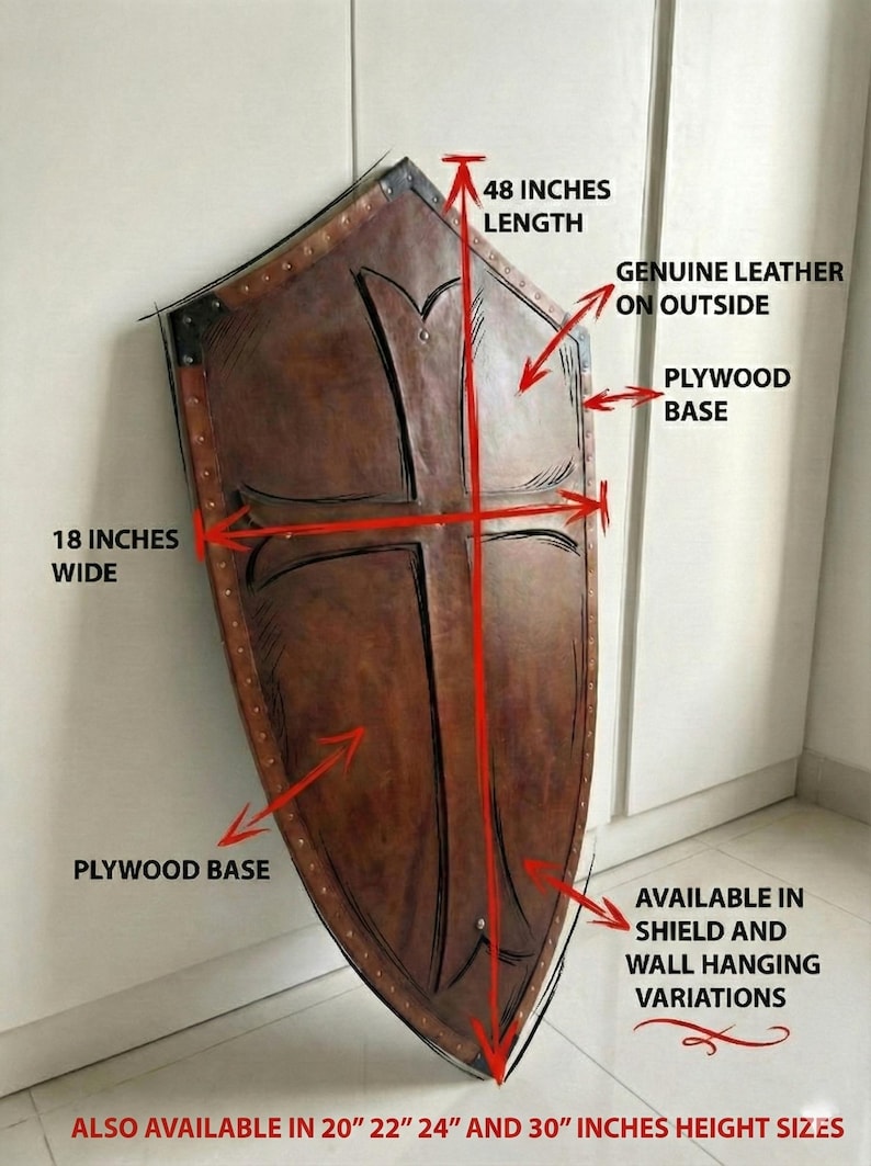 Leather-covered plywood templar shield with cross motif; crusader shield style, riveted edge for wall decor and medieval cosplay.