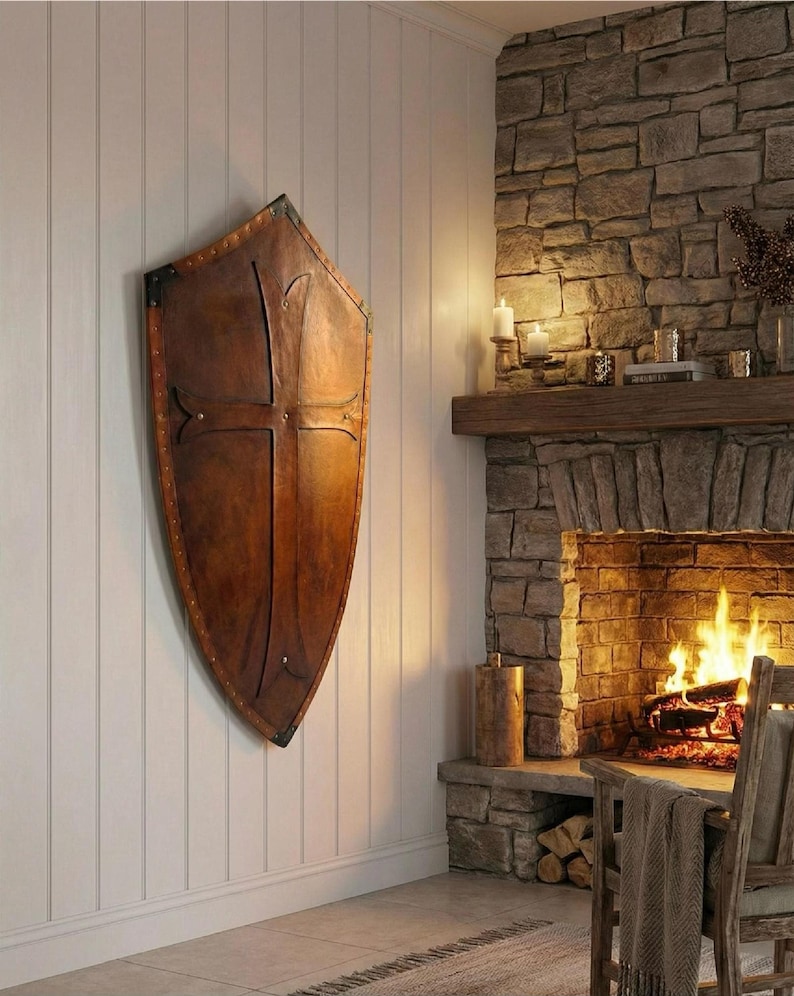 Leather-covered plywood templar shield with cross motif; crusader shield style, riveted edge for wall decor and medieval cosplay.