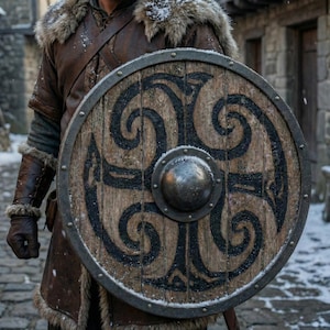 May include: A circular wooden shield with a dark metal rim and central boss. The shield has a black, swirling pattern on a weathered wood surface. The shield is part of a medieval or historical costume.