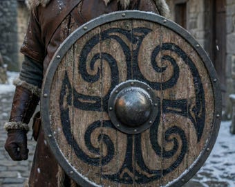May include: A round wooden shield with a dark metal rim and a central boss. The shield features a black, swirling design on a weathered wood background. The shield is part of a medieval or historical costume.