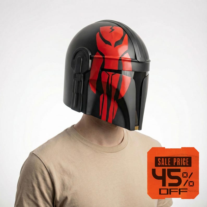 Hand-painted steel Mandalorian helmet in black with a bold red Mythosaur logo; cosplay armor style for fans.