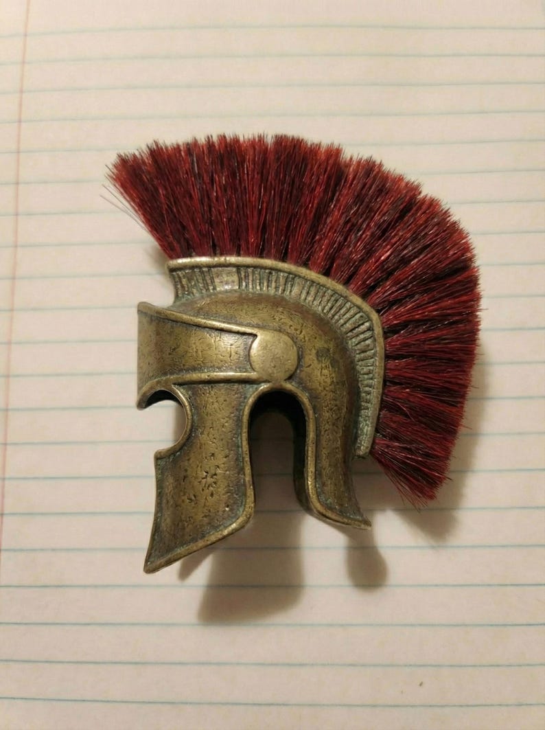 Handcrafted Spartan Helmet with Silk Nylon Plume & Wooden Stand | 18 Gauge Steel | Premium Patina Finish Ancient Greek Warrior Armor