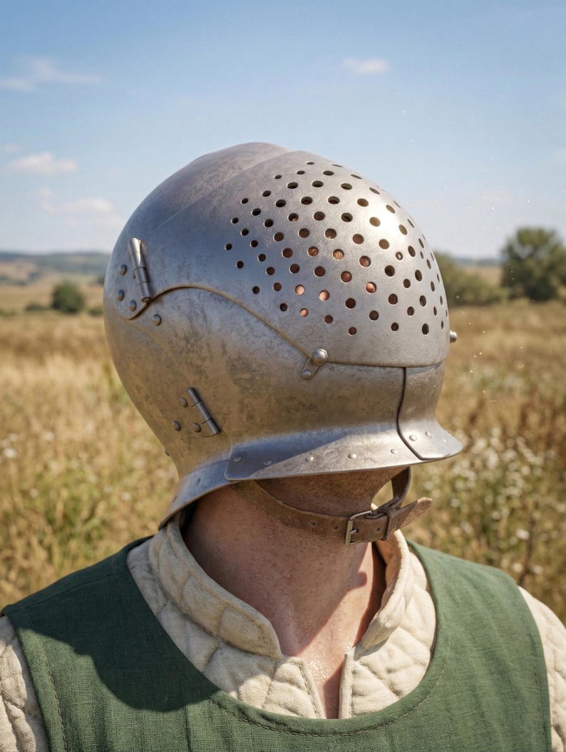 May include: A silver metal helmet with numerous small holes across the top. The helmet has a visor and is secured with a chin strap. The person is wearing a green vest and a quilted undergarment.