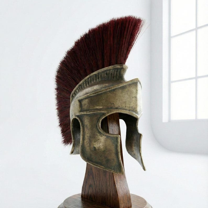 Handcrafted Spartan Helmet with Silk Nylon Plume & Wooden Stand | 18 Gauge Steel | Premium Patina Finish Ancient Greek Warrior Armor