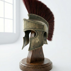 Handcrafted Spartan Helmet with Silk Nylon Plume & Wooden Stand | 18 Gauge Steel | Premium Patina Finish Ancient Greek Warrior Armor