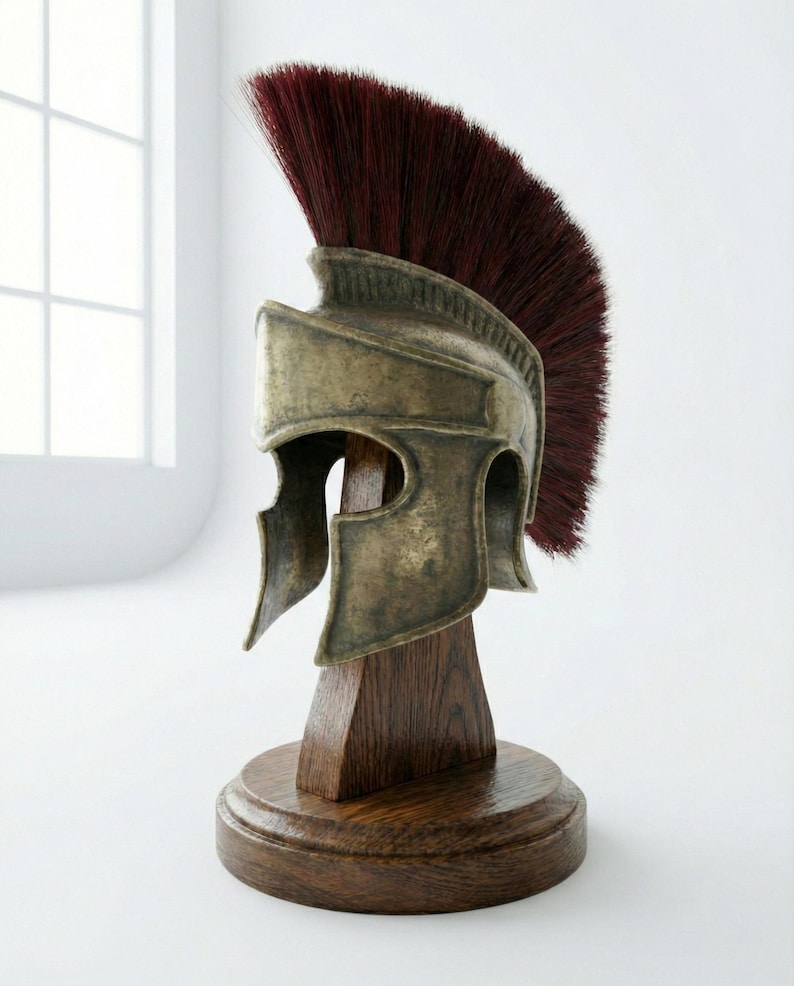 Handcrafted Spartan Helmet with Silk Nylon Plume & Wooden Stand | 18 Gauge Steel | Premium Patina Finish Ancient Greek Warrior Armor