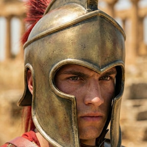Handcrafted Spartan Helmet with Silk Nylon Plume & Wooden Stand | 18 Gauge Steel | Premium Patina Finish Ancient Greek Warrior Armor