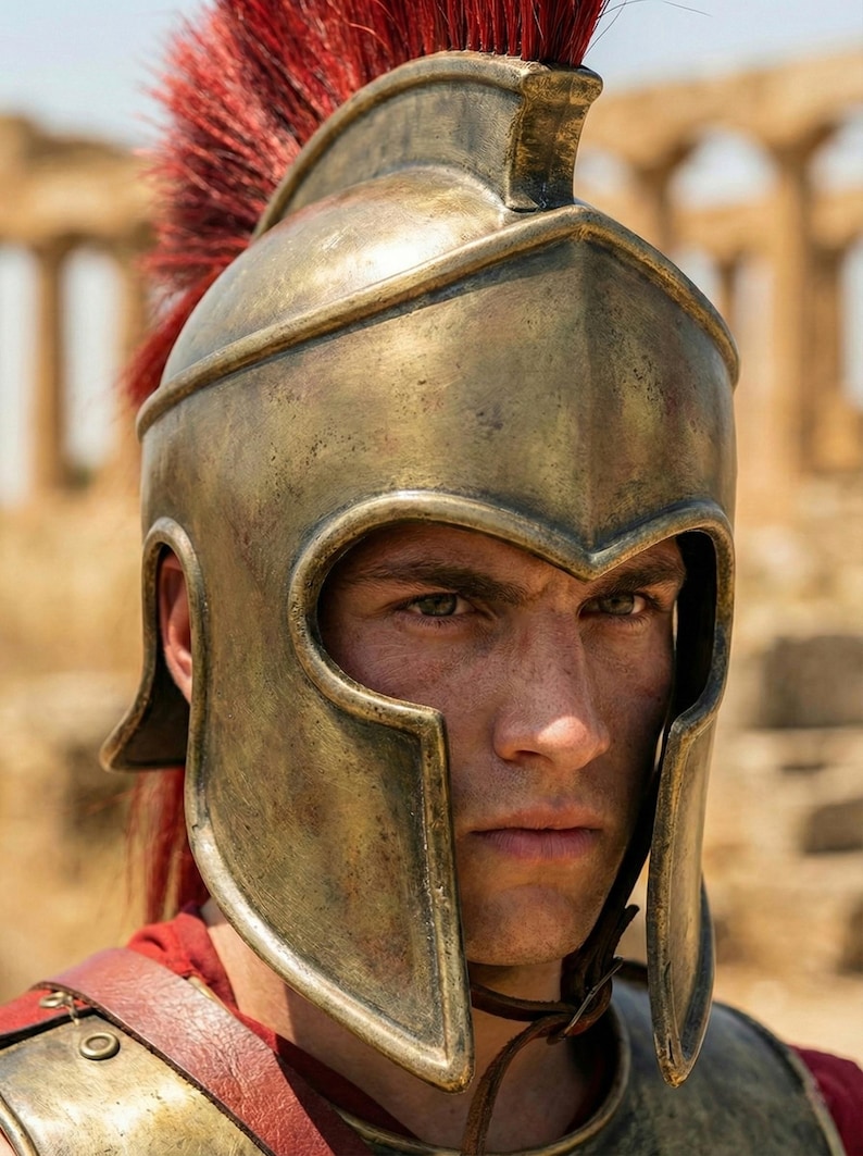 Handcrafted Spartan Helmet with Silk Nylon Plume & Wooden Stand | 18 Gauge Steel | Premium Patina Finish Ancient Greek Warrior Armor