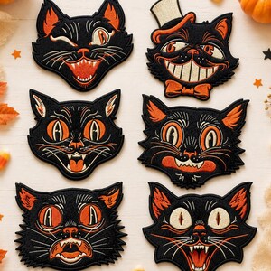 Vintage Halloween svart katt lapp, läskig retro kattunge stryk-på applikation, läskigt sött kattansikte märke, gotiskt broderat DIY hantverksmaterial