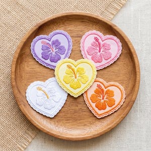 Hibiscus Heart Embroidery Iron On Patch Set, Hawaii Flower Applique Patch, Floral Heart Sew On Patch, Tropical Aesthetic Patch