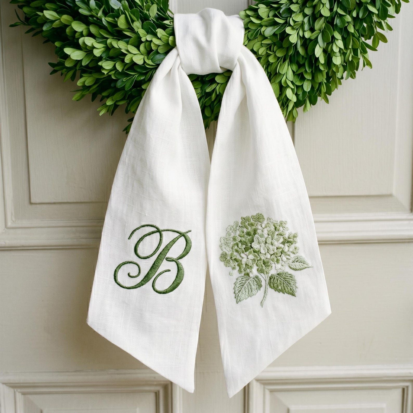 Personalized Hydrangea Wreath Sash, Custom Monogram Embroidered Door Decor, Spring Summer Front Porch Wreath Bow - White Solid, Embroidery on 2 Tail