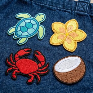 Sea Turtle Crab Coconut Flower Embroidered Iron On Patch, Tropical Beach Summer Applique