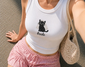 Bride Cat Embroidered Tank Top, Cute Kitten Baby Tee, Cottagecore Strap Top Shirt, Funny Wedding Bachelorette Crop Top, Trendy Summer Gift