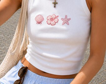 Seashell Starfish Embroidered Tank Top, Cute Hibiscus Flower Ribbed Crop Cami, Coastal Girl Ocean Aesthetic Shirt, Summer Beach Top for Her
