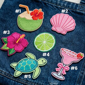 May include: Embroidered patches with tropical themes, including a coconut drink, seashell, hibiscus flower, lime slice, sea turtle, and margarita cocktail. Each patch has a detailed design and vibrant colors, perfect for adding flair to clothing or accessories.