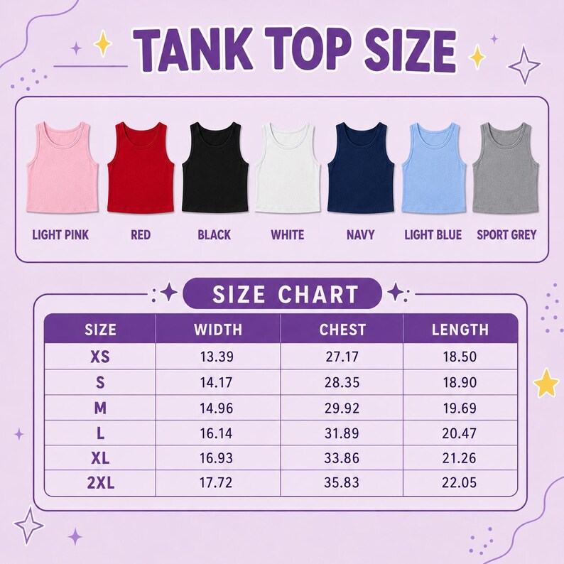 May include: A tank top size chart displaying seven color options: light pink, red, black, white, navy, light blue, and sport grey. Below, a table lists sizes from XS to 2XL with corresponding width, chest, and length measurements in inches.
