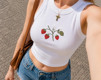 Strawberry Bow Embroidered Tank Top, Cute Coquette Ribbed Crop Cami, Girly Pink Bow Fruit Shirt, Cottagecore Summer Top Gift for Her