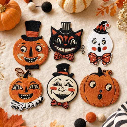 Écusson thermocollant vintage Halloween, appliqué brodé rétro citrouille fantôme chat, badge de bricolage mignon et effrayant, écusson pour vêtements citrouille