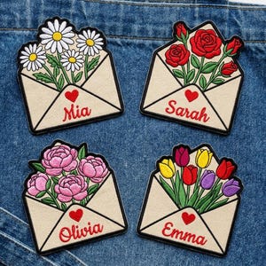 Custom Name Floral Envelope Embroidery Iron On Patch, Personalized Rose Daisy Tulip Peony Bouquet Letter Patch, Mother’s Day Gift