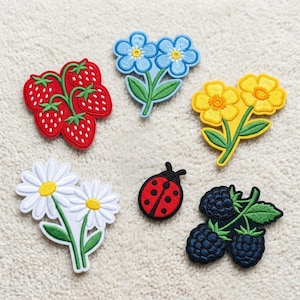 Embroidery Strawberry Blue Flower Yellow Blossom Daisy Ladybug Blackberry Iron On Patch, Nature Garden Applique