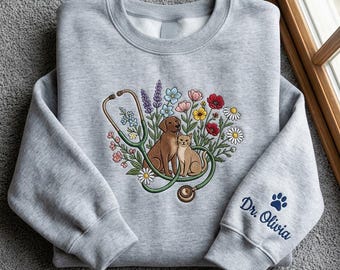 Personalized Veterinary Medicine Embroidered Crewneck, Vet Tech Nurse Hoodie, Pet Doctor Gift