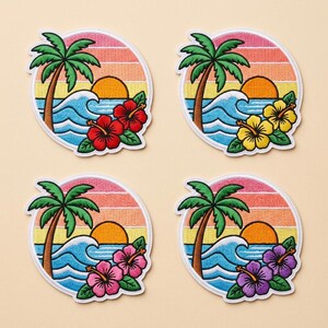 May include: Four embroidered patches depicting a tropical beach scene. Each patch features a palm tree, ocean waves, and a sunset. The patches have different coloured hibiscus flowers: red, yellow, pink, and purple. The patches are circular with a white border.