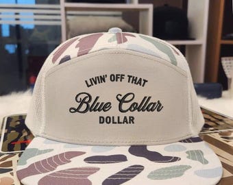 Blue Collar Dollar Trucker Hat - Embroidered Work Ethic Cap - Camo Bill Tradesman Gift