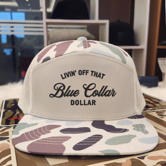 Blue Collar Dollar Trucker Hat - Embroidered Work Ethic Cap - Camo Bill Tradesman Gift