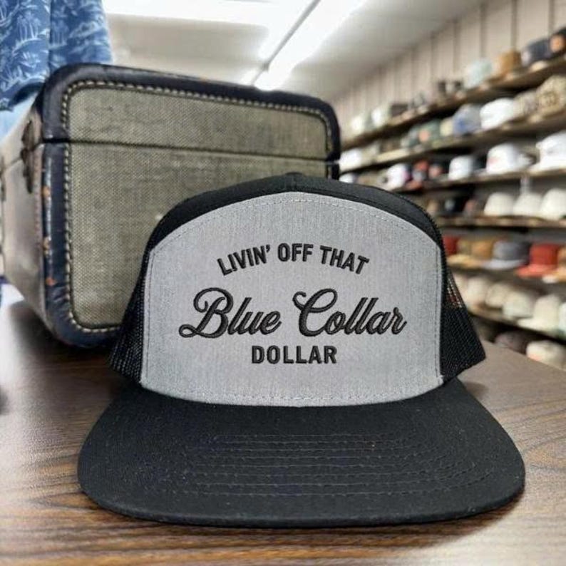 Blå krage Dollar Trucker Hat - Broderad arbetsmoralkeps - Camouflage Bill Hantverkare Gåva bild 3