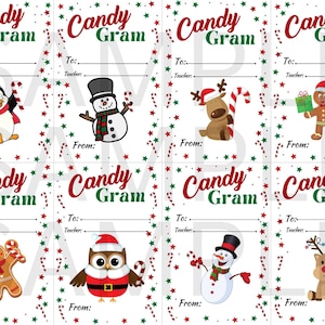 Könnte beinhalten: Acht druckbare Weihnachtsgeschenkanhänger mit einem Zuckerstangenrand und verschiedenen Weihnachtsfiguren. Die Anhänger haben den Text "Candy Gram" und Platz zum Schreiben von "An:" und "Von:".