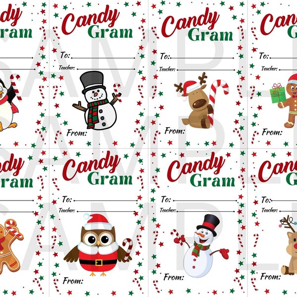 Candy Grams Regalo natalizio Candy Cane Scuola PTA Raccolta fondi PTSA 8 tag stampabili su una pagina in pdf a colori