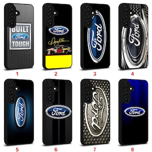 May include: Eight black phone cases showcasing the Ford logo and branding. Designs include the Ford oval, text, and racing-themed graphics. The cases are designed for a smartphone.