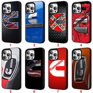 May include: Eight phone cases displaying the Cummins logo in diverse designs. The cases feature the logo against backgrounds such as black mesh, blue, diamond plate, and red. Some cases include the text "Turbo Diesel".