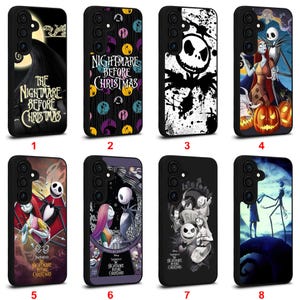 May include: Eight black phone cases with designs from "The Nightmare Before Christmas." The cases showcase characters such as Jack Skellington and Sally, along with themed graphics and text. Each case has a unique design.