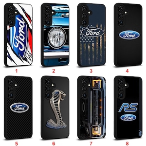 May include: A collection of eight black phone cases. Each case features a different design, including the Ford logo, a car headlight, an American flag design, a carbon fiber texture, a cobra, and the letters "RS".