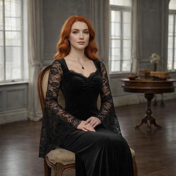 gothic elegant dress Gothic Black Velvet Lace Dress – Elegant Victorian Witchy Evening Gown,  Medieval Long Sleeve Formal Dress, Christmas Gift for Women